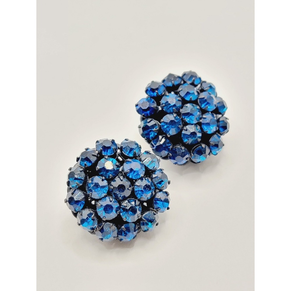 Miriam Haskell Vintage Cobalt Blue Rhinestone Glass Clip On Earrings Rare Signed
